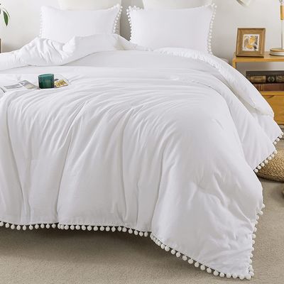 130 * 70 Densidade de tecido Branco Pom Pom Fringe Cobertura de cobertor e almofada Conjunto 3 peças