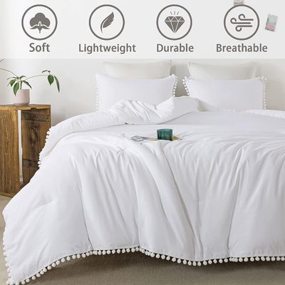 130 * 70 Densidade de tecido Branco Pom Pom Fringe Cobertura de cobertor e almofada Conjunto 3 peças