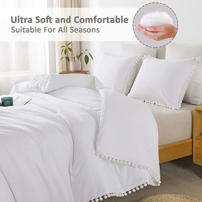 130 * 70 Densidade de tecido Branco Pom Pom Fringe Cobertura de cobertor e almofada Conjunto 3 peças