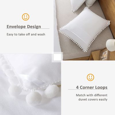 130 * 70 Densidade de tecido Branco Pom Pom Fringe Cobertura de cobertor e almofada Conjunto 3 peças